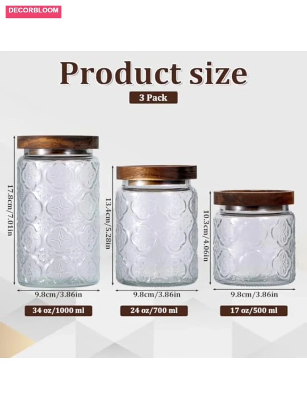 Vintage Glass Food Storage Jars 3-Pack Airtight Wood Lids Kitchen Canisters
